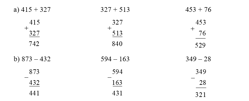 Đặt tính rồi tính a) 415 + 327 ……………… ……………… ………………	327 + 513 ……………… ……………… ……………… (ảnh 1)