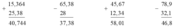 b) Phép tính có kết quả lớn nhất là: 	A. 15,364 + 25,38	B. 65,38 – 28	C. 45,67 + 12,34	 (ảnh 1)