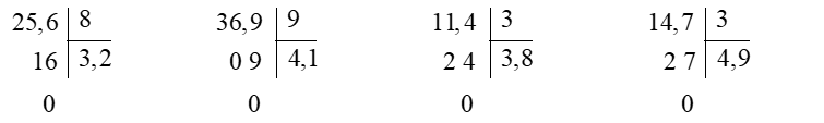 b) 3,8 là thương của phép chia nào dưới đây? 	A. 25,6 : 8	B. 36,9 : 9	C. 11,4 : 3	D. 14,7 : 3 (ảnh 1)