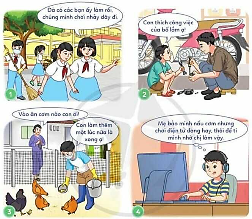 Quan sát tranh và thực hiện yêu cầuCâu hỏi: a. Bạn nào trong tranh biết yêu lao động? b. Kể thêm các biểu hiện của yêu lao động mà em biết. (ảnh 1)