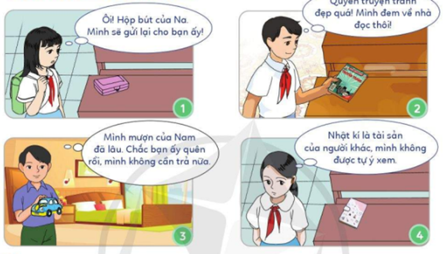 Quan sát tranh và trả lời câu hỏiCâu hỏi: a. Bạn nào trong tranh thể hiện sự tôn trọng tài sản của người khác? b. Em hay kể thêm một số biểu hiện tôn trọng tài sản của người khác. (ảnh 1)