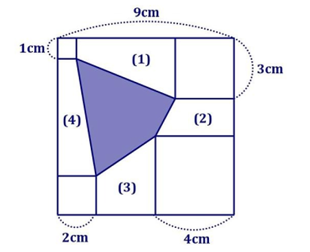 Tính diện tích phần tô đậm, biết diện tích các hình vuông nhỏ theo chiều kim đồng hồ (ảnh 2)