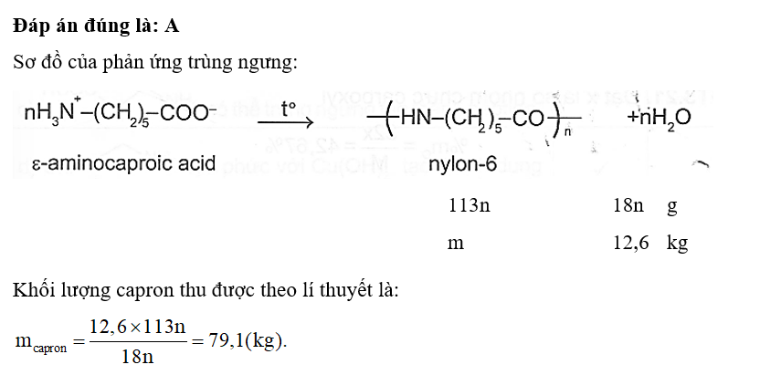 Trùng ngưng ε-aminocaproic acid thu được m kg capron và 12,6 kg H2O với hiệu suất (ảnh 1)