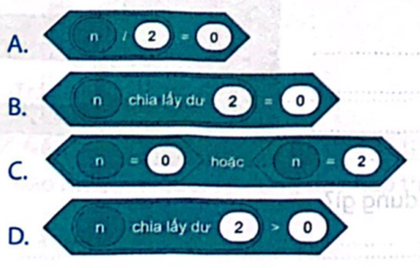 Điều kiện nào sau đây cho biết giá trị của biến n phải là một số chẵn hay không? (ảnh 1)