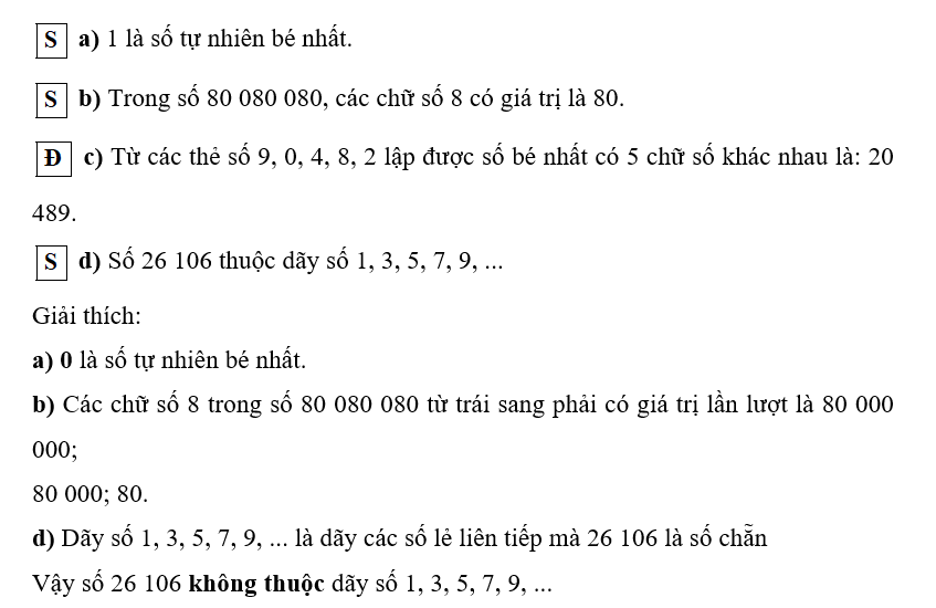 Đúng ghi Đ, sai ghi S vào     a) 1 là số tự nhiên bé nhất.    b) Trong số 80 080 080, các chữ số 8 có giá trị là 80.    (ảnh 1)