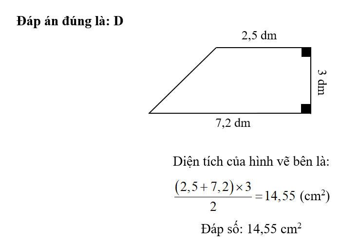 Diện tích của hình vẽ bên là:  	A. 10,5 cm2	B. 6,35 cm2	 	C. 29,1 cm2	D. 14,55 cm2 (ảnh 2)