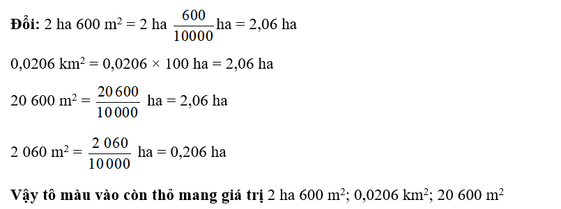 Tô màu vào những con thỏ có số đo diện tích bằng 2,06 ha. (ảnh 2)