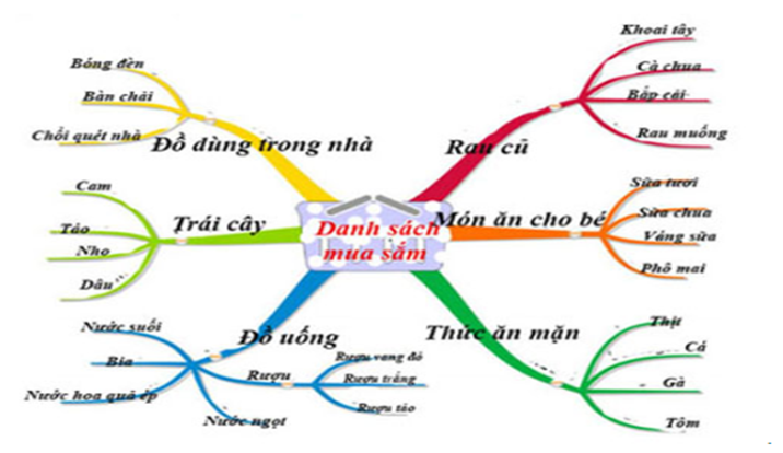 Câu 3 (2,5 đ): Em hãy vẽ sơ đồ tư duy thể hiện “Danh sách mua sắm” của mẹ em khi đi mua sắm các đồ dùng trong gia đình (ít nhất có 5 chủ đề nhánh). (ảnh 1)