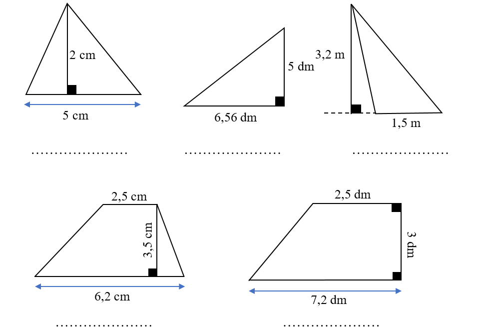 Em hãy tính diện tích của các hình tam giác sau rồi điền vào ô trống (ảnh 1)