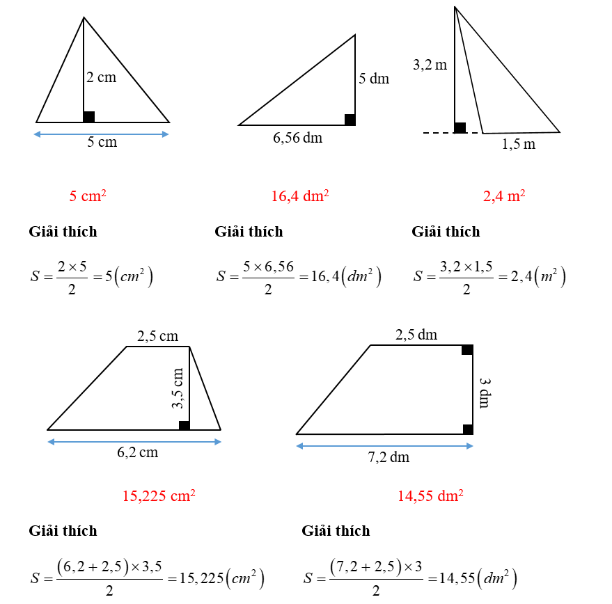 Em hãy tính diện tích của các hình tam giác sau rồi điền vào ô trống (ảnh 2)