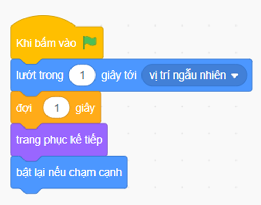 . a) Tạo khối lệnh để nhân vật thực hiện tuần tự các hành động sau:  1. Lướt trong 1 giây tới vị trí ngẫu nhiên. 2. Đợi 1 giây. 3. Thay đổi trang phục kế tiếp.  4. Bật lại nếu chạm cạnh.  b) Sử dụng lệnh lặp tạo ba chương trình, mỗi chương trình thực hiện một yêu cầu sau:  - Lặp lại 8 lần khối lệnh ở câu a.  - Lặp liên tục khối lệnh ở câu a.  - Lặp khối lệnh ở câu a cho đến khi người sử dụng nhấn phím dấu cách (phím trắng) thì dừng lại.  (ảnh 1)