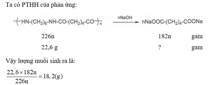 Khối lượng sodium adipate tạo thành khi thuỷ phân hoàn toàn 22,6 g tơ nylon-6,6 bằng NaOH là bao nhiêu? (ảnh 1)