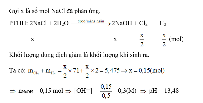 Khi điện phân 500 mL dung dịch NaCl với điện cực trơ, có màng ngăn xốp đến khi (ảnh 1)