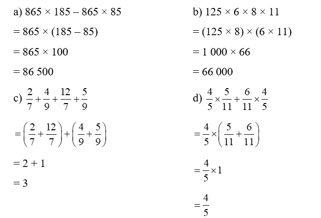 Tính bằng cách thuận tiện nhất.  a) 865 × 185 – 865 × 85 (ảnh 1)