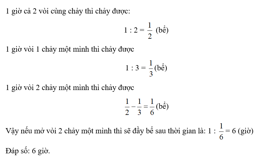 Nếu mở 2 vòi nước cùng chảy vào một bề không có nước thì mất 2 giờ để đầy bể. Biết (ảnh 1)