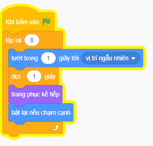 . a) Tạo khối lệnh để nhân vật thực hiện tuần tự các hành động sau:  1. Lướt trong 1 giây tới vị trí ngẫu nhiên. 2. Đợi 1 giây. 3. Thay đổi trang phục kế tiếp.  4. Bật lại nếu chạm cạnh.  b) Sử dụng lệnh lặp tạo ba chương trình, mỗi chương trình thực hiện một yêu cầu sau:  - Lặp lại 8 lần khối lệnh ở câu a.  - Lặp liên tục khối lệnh ở câu a.  - Lặp khối lệnh ở câu a cho đến khi người sử dụng nhấn phím dấu cách (phím trắng) thì dừng lại.  (ảnh 2)