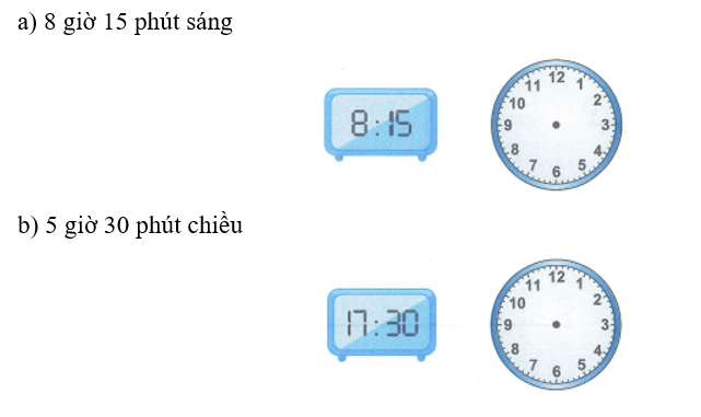 Vẽ thêm kim đồng hồ trên mặt đồng hồ để hai đồng hồ đều chỉ đúng thời gian đã ghi: (ảnh 1)