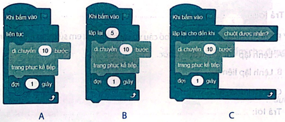 Em hãy chọn chương trình đúng để điều khiển nhân vật chim bồ câu lặp lại liên tục hành động vừa bay vừa vỗ cánh.  (ảnh 1)