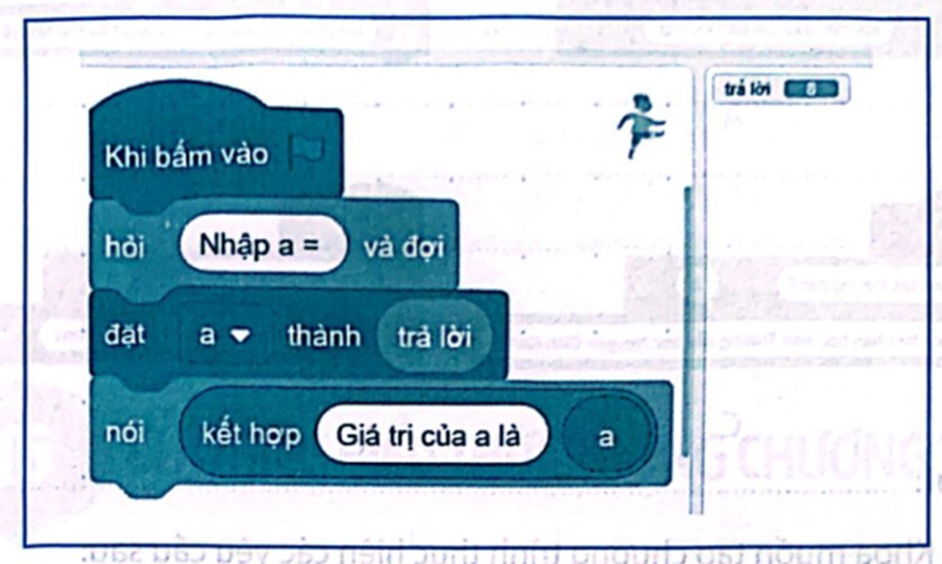 Thông báo xuất hiện trên sân khấu khi kết thúc chạy chương trình ở hình sau là gì? Biết giá trị của biến  được hiển thị trên sân khấu. (ảnh 2)