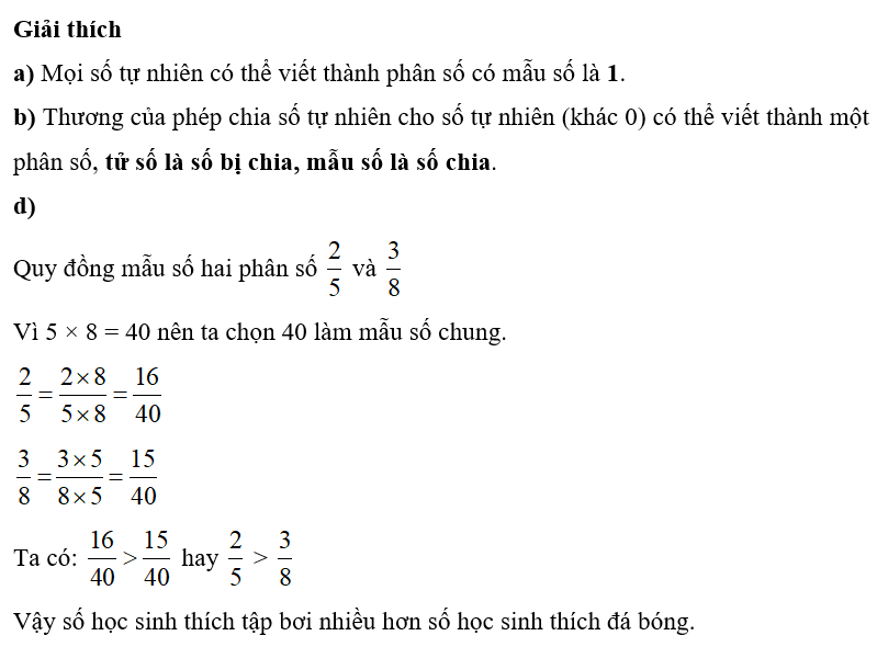 Đúng ghi Đ, sai ghi S.   a) Mọi số tự nhiên có thể viết thành phân số có mẫu số là 0. (ảnh 2)