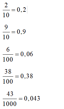 Chuyển các phân số thập phân sau thành số thập phân. 2/10 ;9/10; 6/100; 38/100 ; 43 /100 (ảnh 1)