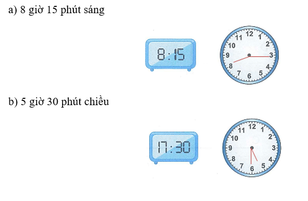 Vẽ thêm kim đồng hồ trên mặt đồng hồ để hai đồng hồ đều chỉ đúng thời gian đã ghi: (ảnh 2)