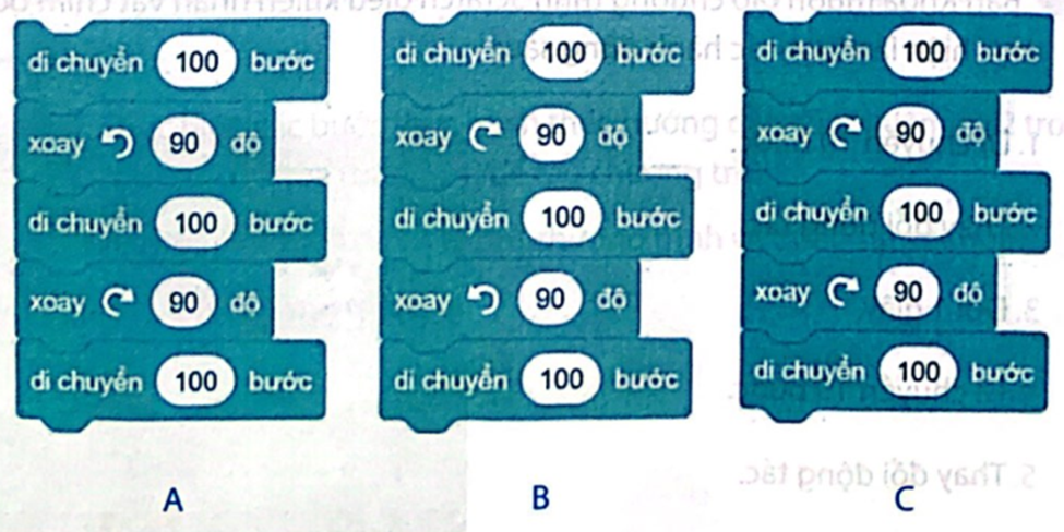 Em hãy chọn khối lệnh đúng điều khiển nhân vật đi theo hình ở Câu 7. (ảnh 1)