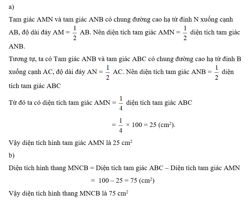 Viết số thích hợp vào chỗ chấm      Cho hình tam giác ABC có diện tích là 100 cm. (ảnh 2)