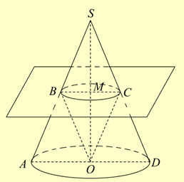 Cho hình nón \(\left( N \right)\) có đường cao \(SO = 9\) và bán kính đáy bằng \(R\), gọi \(M\) là điểm thuộc đoạn \(SO\) sao cho \(OM = x\,\,(0 < x < 9)\). Mặt phẳng \(\left( P \right)\) vuông góc với trục \(SO\) tại \(M\) giao với hình nón \(\left( N \right)\) theo thiết diện là đường tròn \(\left( C \right)\). Giá trị của \(x\) bằng (1) ______ để khối nón có đỉnh là điểm \(O\) và đáy là hình tròn \(\left( C \right)\) có thể tích lớn nhất. (ảnh 1)