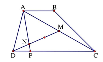 Cho hình thang ABCD có AB =1/2 DC. Trên AC lấy điểm M sao cho AM = MC (ảnh 1)