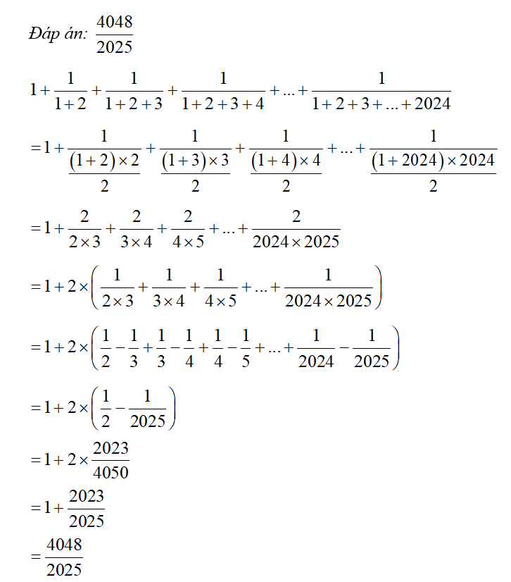 Tính giá trị của biểu thức 1 + 1/ 1+2 + 1/ 1 +2 + 3+ 1/ 1 +2 +3 +4  (ảnh 1)