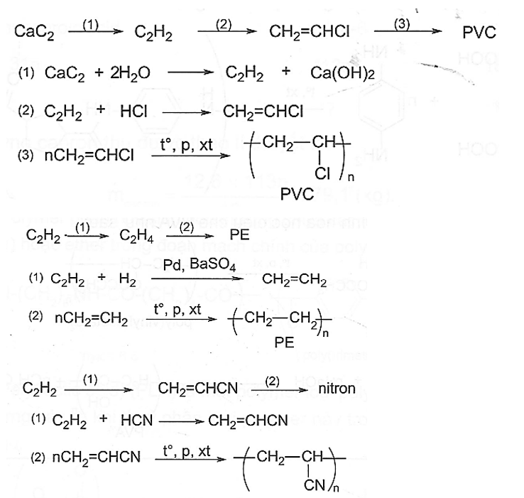Từ CaC2, và các chất vô cơ cần thiết, hãy đề xuất quy trình và viết các phương trình phản ứng điều chế PE, PVC, tơ nitron. (ảnh 1)
