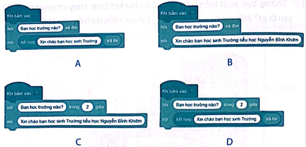 Chương trình nào thực hiện ý tưởng:  Chương trình đưa ra câu hỏi “Bạn học trường nào?”.  Sau khi nhập câu trả lời, chương trình đưa ra lời chào. Ví dụ “Xin chào bạn học sinh Trường tiểu học Nguyễn Bỉnh Khiêm”, trong đó Trường Tiểu học Nguyễn Bỉnh Khiêm là câu trả lời vừa được nhập vào từ bàn phím.  (ảnh 1)