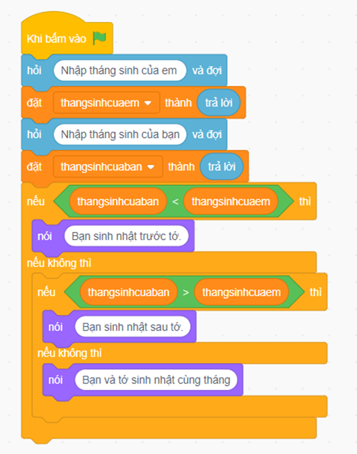 Tạo chương trình Scratch với các yêu cầu sau đây:  - Cho phép bạn nhập tháng bạn được sinh ra (thang_sinh_cua_ban).  - So sánh thang_sinh_cua_ban với tháng em được sinh ra (thang_ sinh_cua_em):  + Nếu thang_sinh_cua_ban < thang_sinh_cua_em thì thông báo “Bạn sinh nhật trước tớ.”;  + Nếu thang_sinh_cua_ban > thang_sinh_cua_em thì thông báo “Bạn sinh nhật sau tớ  + Nếu thang_sinh_cua_ban = thang_sinh_cua_em thì thông báo “Bạn và tớ sinh nhật cùng tháng.” (ảnh 1)