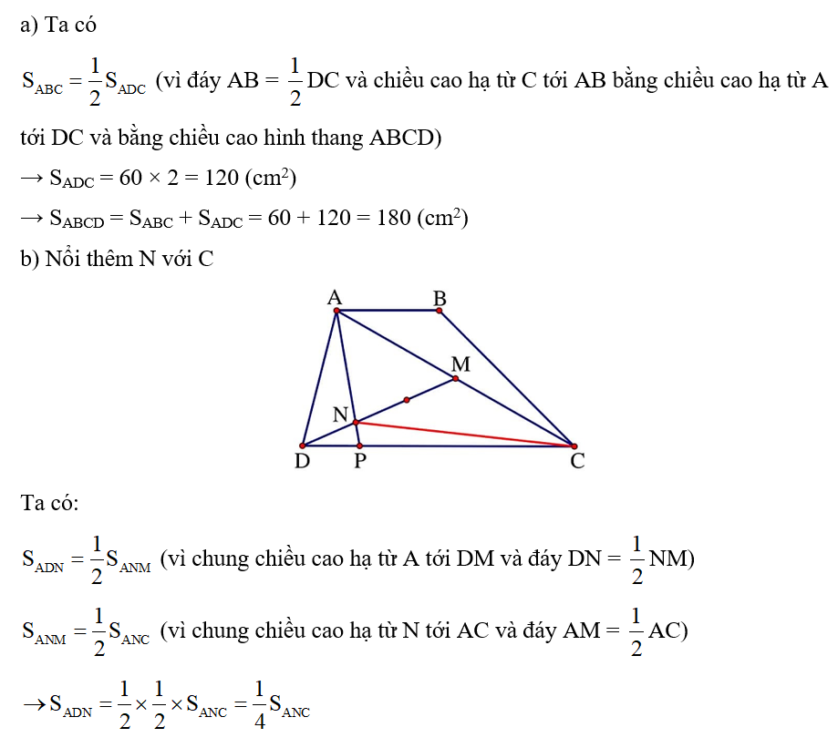 Cho hình thang ABCD có AB =1/2 DC. Trên AC lấy điểm M sao cho AM = MC (ảnh 2)