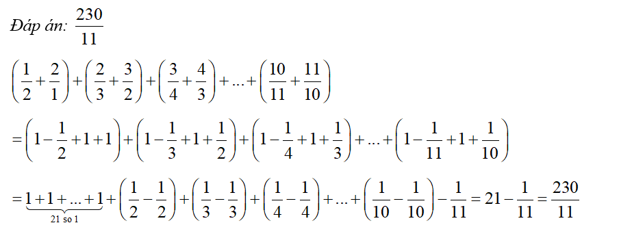 Tính: ( 1/2 + 2/1 ) + ( 2/3 + 3/2 ) + ( 3/4 + 4/3 ) +. .... + ( 10/11 + 11/10) (ảnh 1)