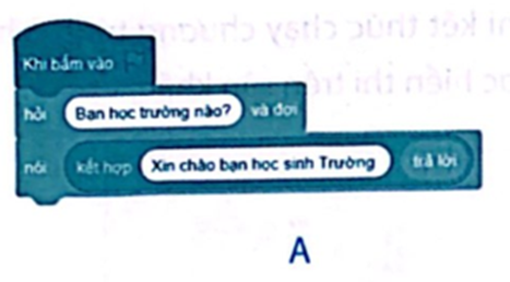 Chương trình nào thực hiện ý tưởng:  Chương trình đưa ra câu hỏi “Bạn học trường nào?”.  Sau khi nhập câu trả lời, chương trình đưa ra lời chào. Ví dụ “Xin chào bạn học sinh Trường tiểu học Nguyễn Bỉnh Khiêm”, trong đó Trường Tiểu học Nguyễn Bỉnh Khiêm là câu trả lời vừa được nhập vào từ bàn phím.  (ảnh 2)