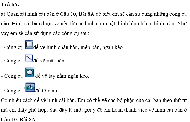 Em hãy mở tệp BanhSinhNhat-BongBay đã vẽ ở Câu 3 rồi thực hiện:  a) Vẽ thêm hình cái bàn tương tự hình cái bàn ở Câu 10, Bài 8A.  b) Sử dụng lệnh Copy, Paste để di chuyển hình chiếc bánh đặt lên mặt bàn sao cho được kết quả tương tự như hình sau:   (ảnh 2)