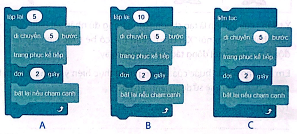 Khối lệnh nào sau đây điều khiển nhân vật lặp lại 5 lần các hành động ở Câu 1? (ảnh 1)