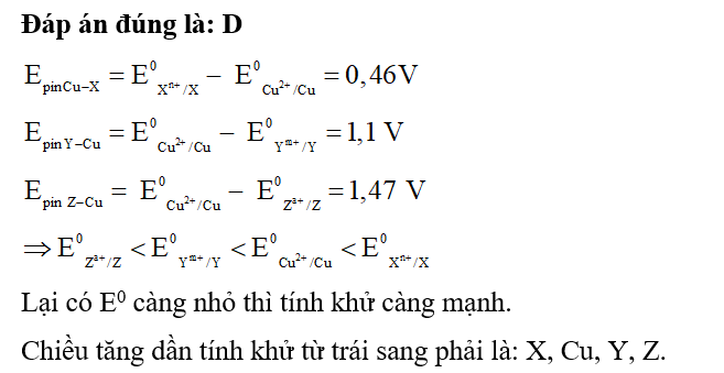 Cho các pin điện hoá và sức điện động chuẩn tương ứng: (ảnh 1)