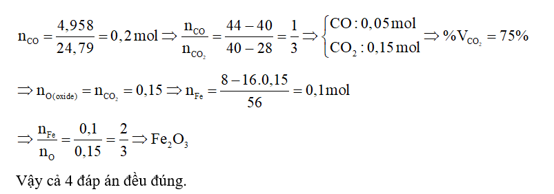 Cho 4,958 lít khí CO (ở đkc) từ từ đi qua ống sứ nung nóng đựng 8 g một oxide sắt đến (ảnh 1)
