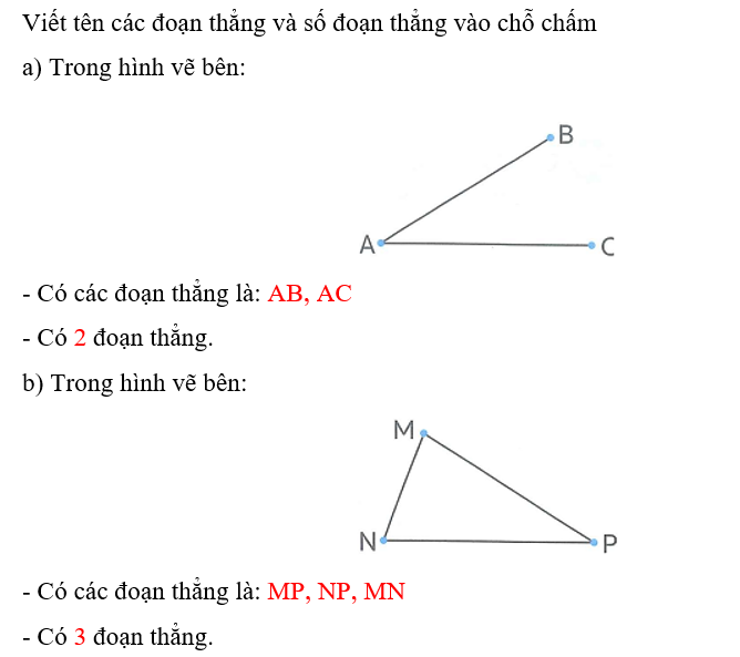 Viết tên các đoạn thẳng và số đoạn thẳng vào chỗ chấm a) Trong hình vẽ bên: (ảnh 3)