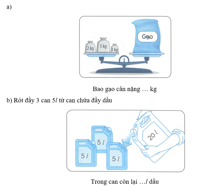 Viết số thích hợp vào chỗ chấm a)   Bao gạo cân nặng … kg b) Rót đầy 3 can 5l từ can chứa đầy dầu (ảnh 1)