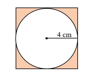 Một hình tròn có bán kính 4 cm nằm trong một hình vuông như hình dưới đây. Tính diện tích phần tô màu. (ảnh 1)