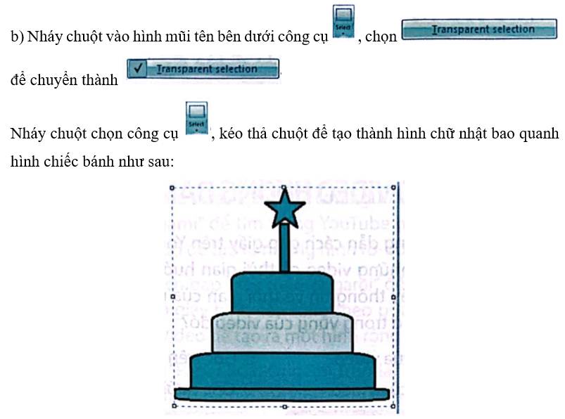 Em hãy mở tệp BanhSinhNhat-BongBay đã vẽ ở Câu 3 rồi thực hiện:  a) Vẽ thêm hình cái bàn tương tự hình cái bàn ở Câu 10, Bài 8A.  b) Sử dụng lệnh Copy, Paste để di chuyển hình chiếc bánh đặt lên mặt bàn sao cho được kết quả tương tự như hình sau:   (ảnh 4)