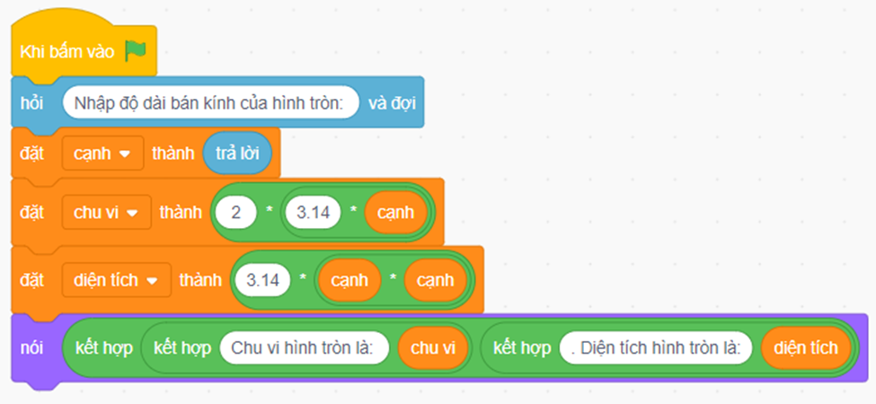 Em hãy tạo chương trình Scratch tính chu vi và diện tích hình tròn với độ dài bán kính nhập vào từ bàn phím. (ảnh 1)