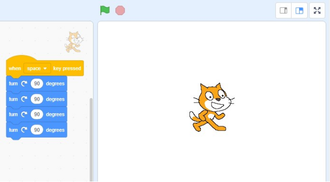 Scratch Cat nên thực hiện lật khi nhấn phím cách. Nhưng khi nhấn phím cách, không có gì xảy ra! Làm thế nào để chúng tôi sửa chữa chương trình? (ảnh 1)