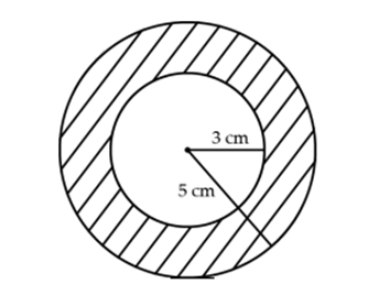 Cho hình vẽ bên biết bán kính hình tròn nhỏ là 3 cm, bán kính hình tròn lớn là 5 cm. Tính diện tích hình gạch chéo. (ảnh 1)