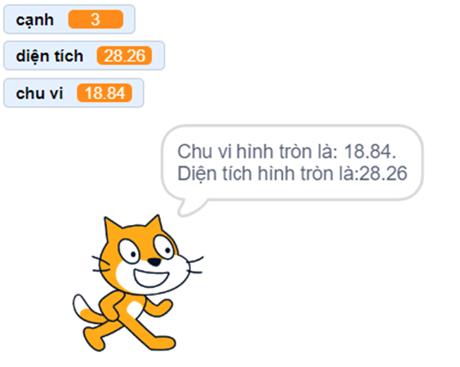 Em hãy tạo chương trình Scratch tính chu vi và diện tích hình tròn với độ dài bán kính nhập vào từ bàn phím. (ảnh 2)