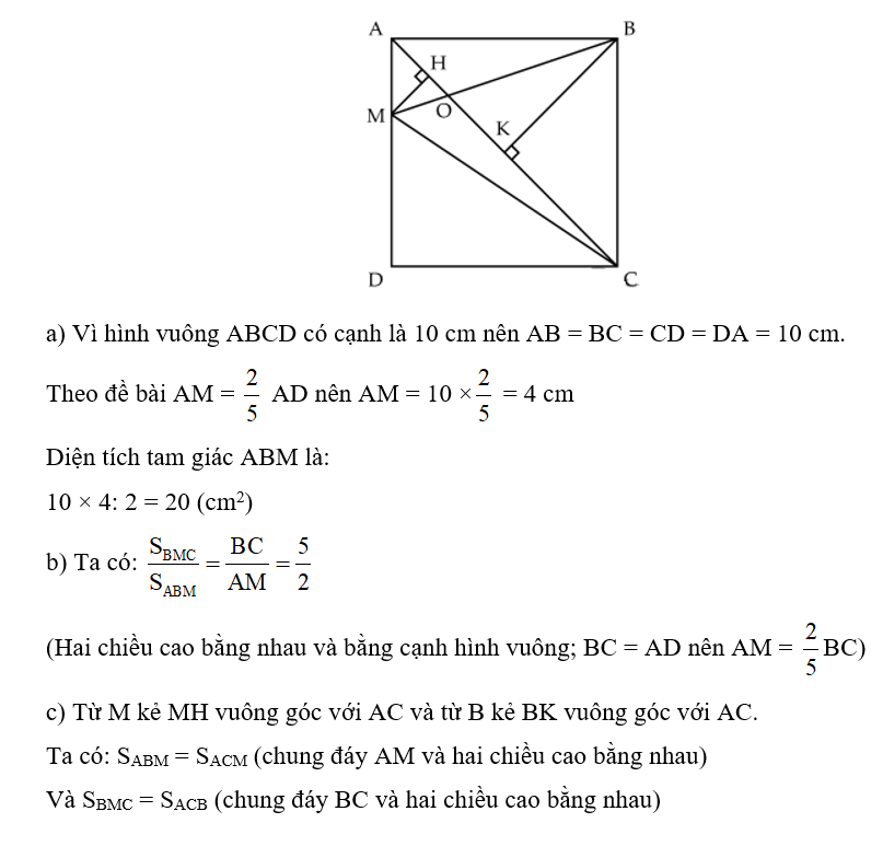 Cho hình vuông ABCD có cạnh là 10 cm. Trên AD lấy điểm M sao cho (ảnh 1)